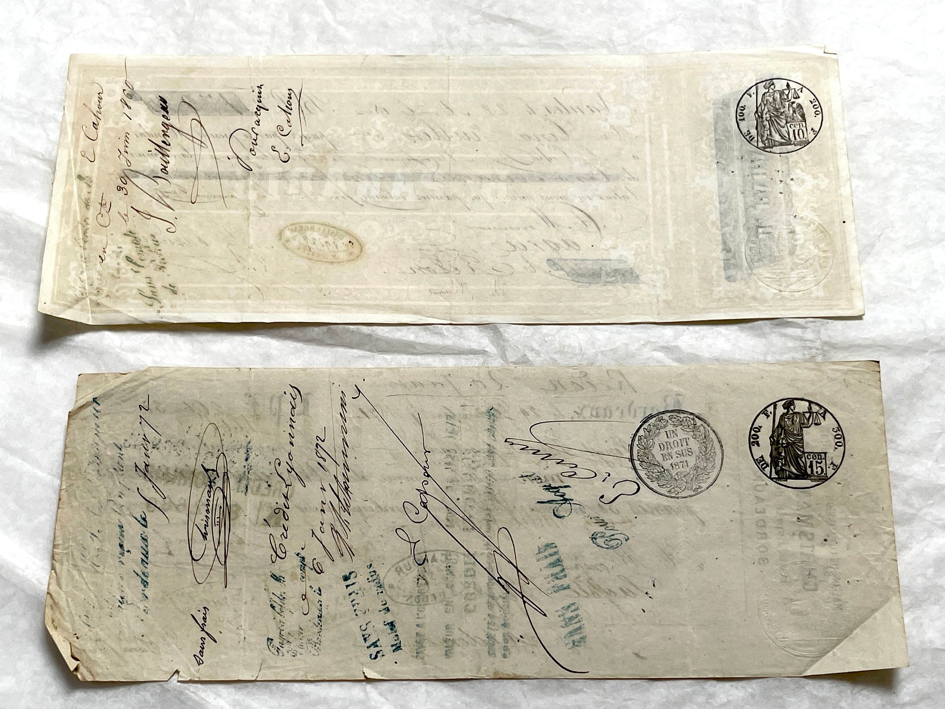 Late 19th Century French exchange letters set - Handwritten financial documents with stamps and elegant calligraphy.