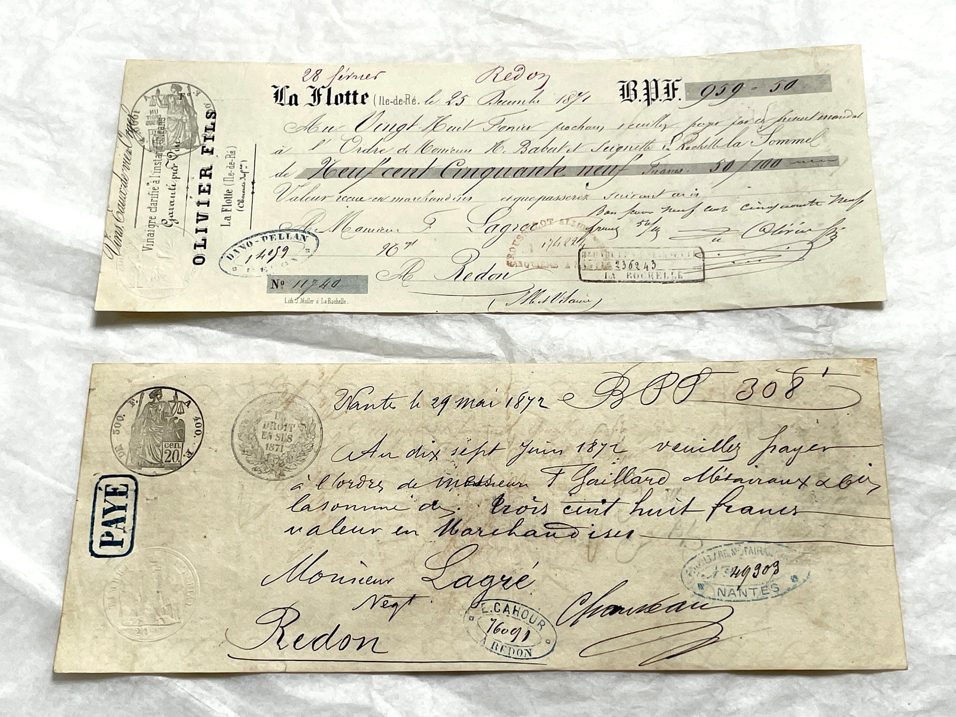 Late 19th Century French exchange letters set - Handwritten financial documents with stamps and elegant calligraphy.