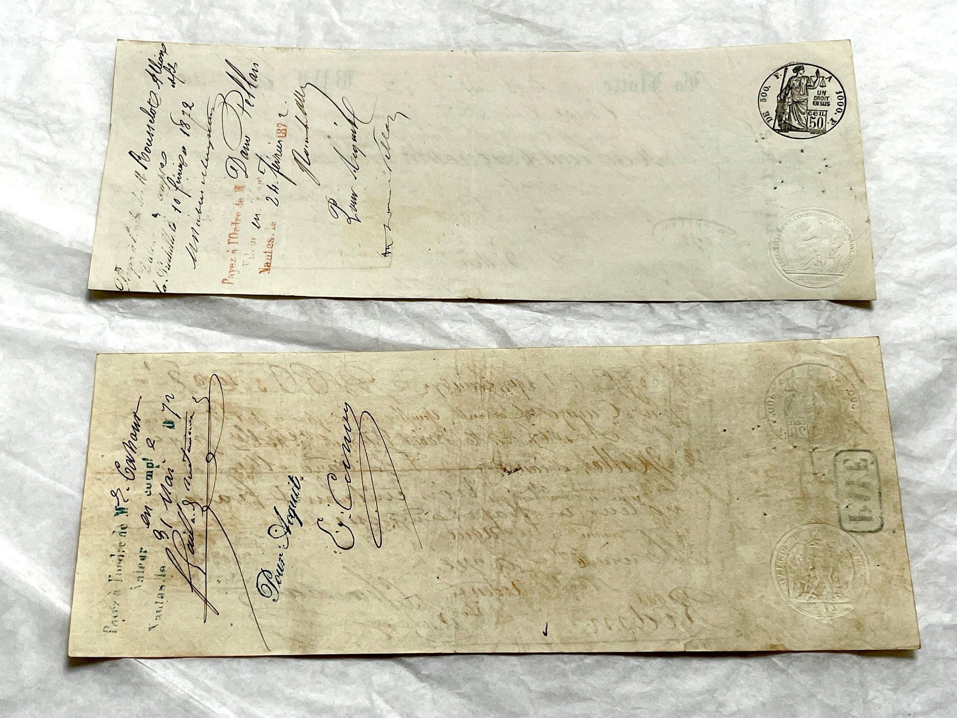 Late 19th Century French exchange letters set - Handwritten financial documents with stamps and elegant calligraphy.