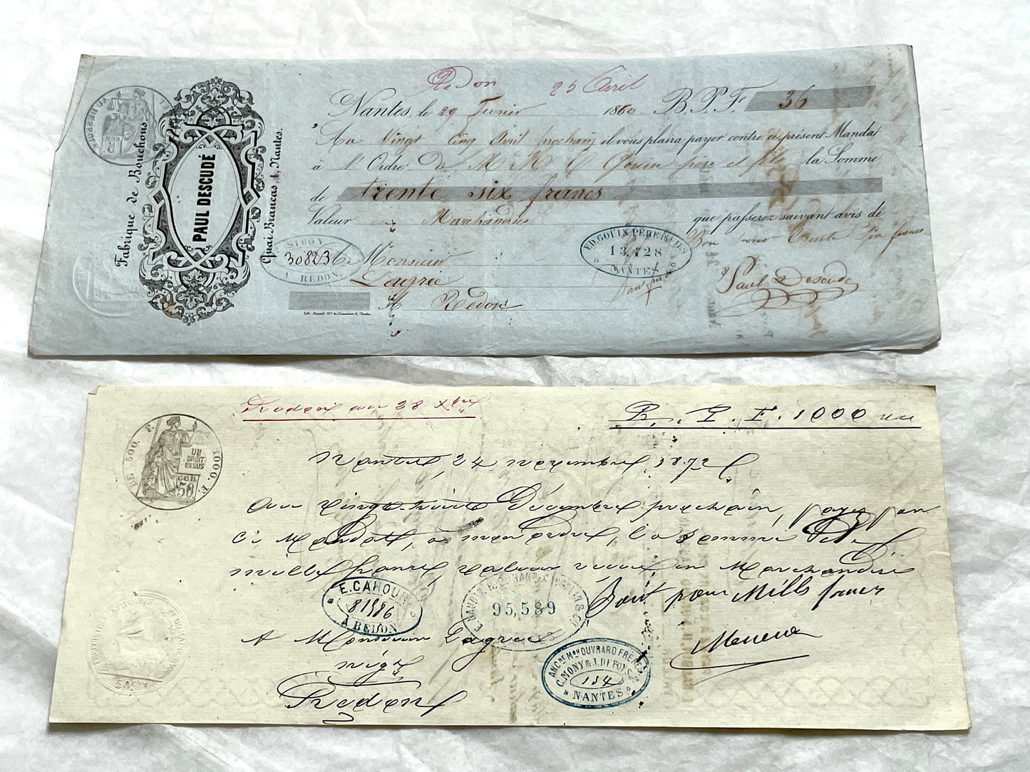 Late 19th Century French exchange letters set - Handwritten financial documents with stamps and elegant calligraphy.