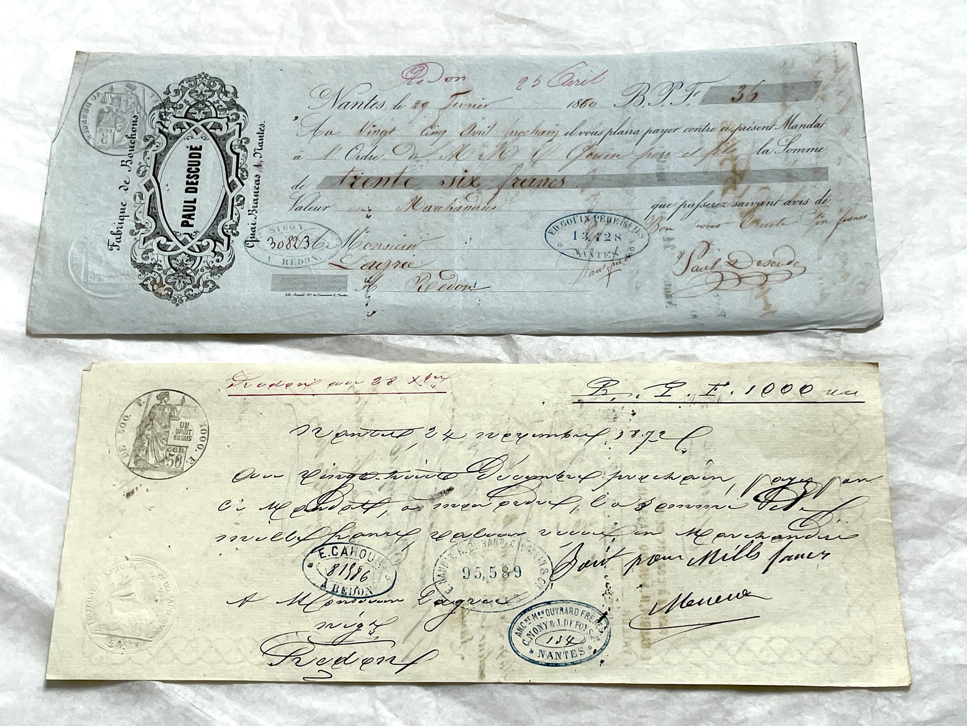 Late 19th Century French exchange letters set - Handwritten financial documents with stamps and elegant calligraphy.