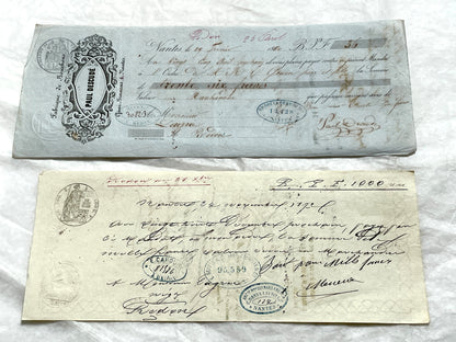 Late 19th Century French exchange letters set - Handwritten financial documents with stamps and elegant calligraphy.