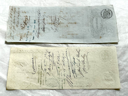 Late 19th Century French exchange letters set - Handwritten financial documents with stamps and elegant calligraphy.