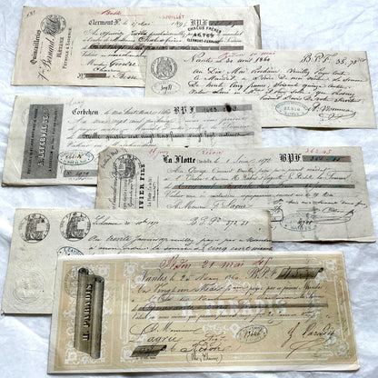 Set of 6 Late 19th Century French letters of exchange featuring elaborate calligraphy and vintage financial stamps.