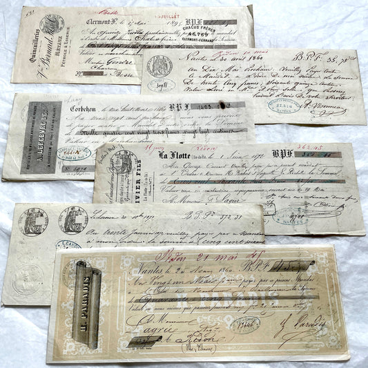 Set of 6 Late 19th Century French letters of exchange featuring elaborate calligraphy and vintage financial stamps.