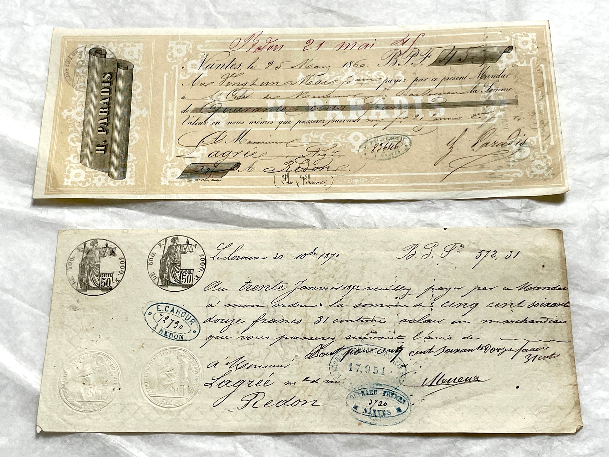 Set of 6 Late 19th Century French letters of exchange featuring elaborate calligraphy and vintage financial stamps.