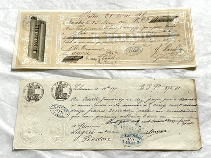 Set of 6 Late 19th Century French letters of exchange featuring elaborate calligraphy and vintage financial stamps.