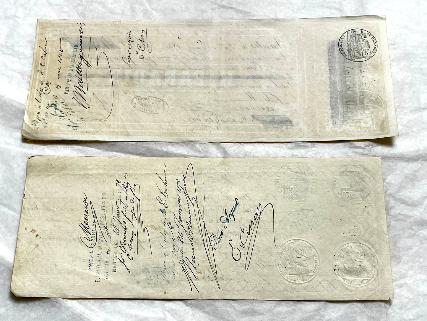 Set of 6 Late 19th Century French letters of exchange featuring elaborate calligraphy and vintage financial stamps.