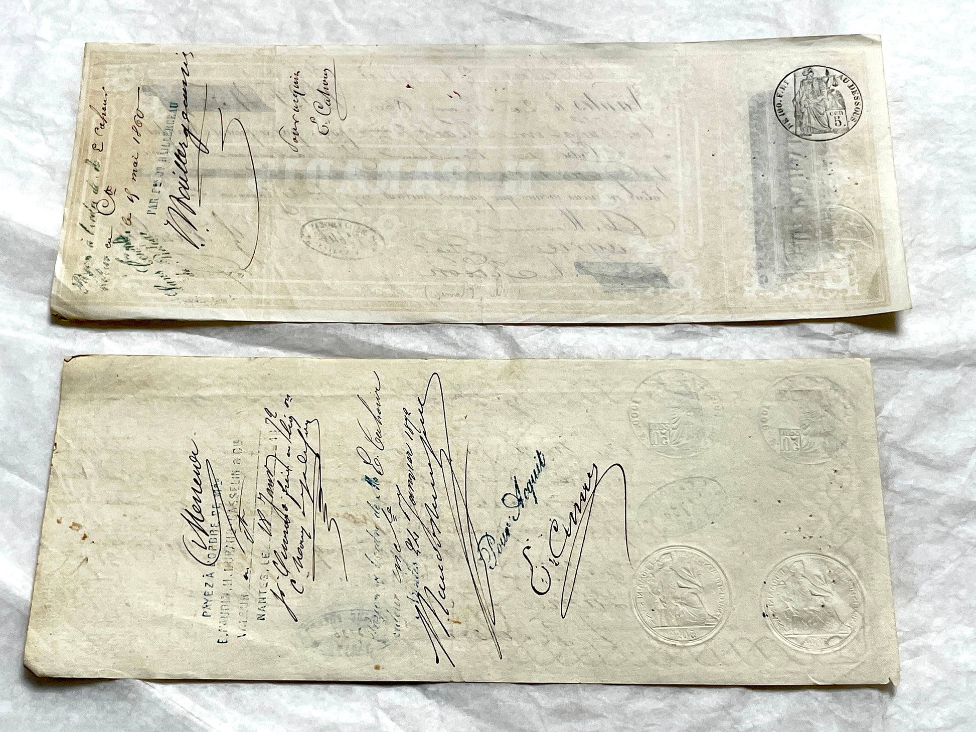 Set of 6 Late 19th Century French letters of exchange featuring elaborate calligraphy and vintage financial stamps.