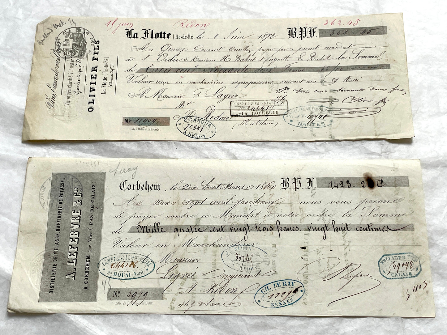 Set of 6 Late 19th Century French letters of exchange featuring elaborate calligraphy and vintage financial stamps.