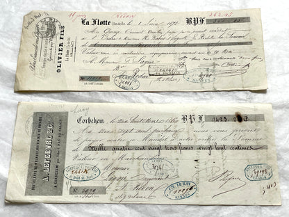 Set of 6 Late 19th Century French letters of exchange featuring elaborate calligraphy and vintage financial stamps.
