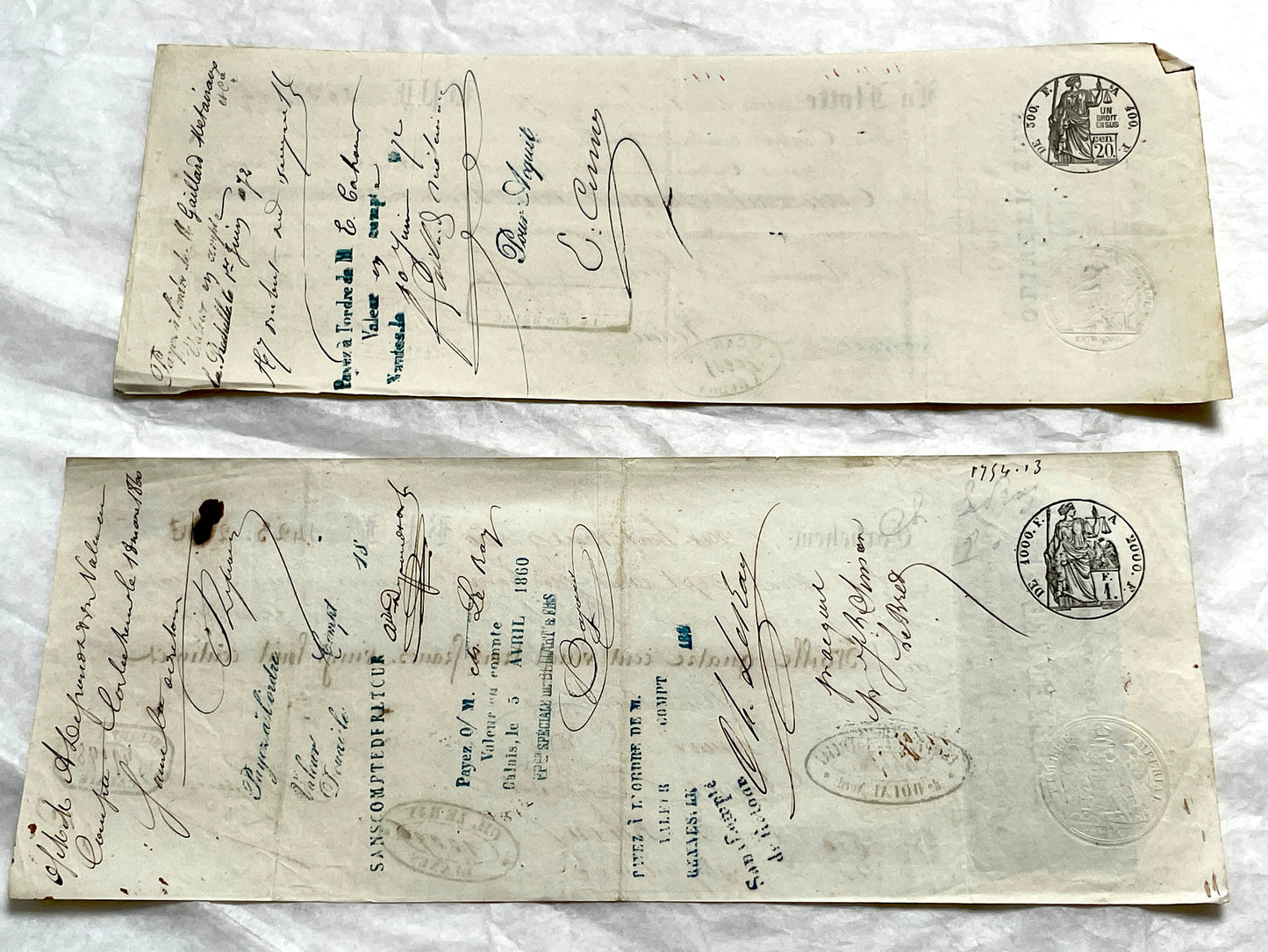 Set of 6 Late 19th Century French letters of exchange featuring elaborate calligraphy and vintage financial stamps.