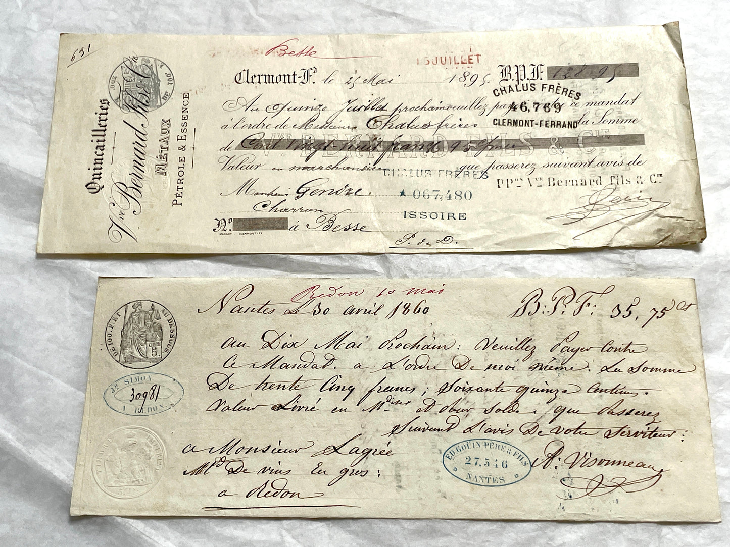 Set of 6 Late 19th Century French letters of exchange featuring elaborate calligraphy and vintage financial stamps.