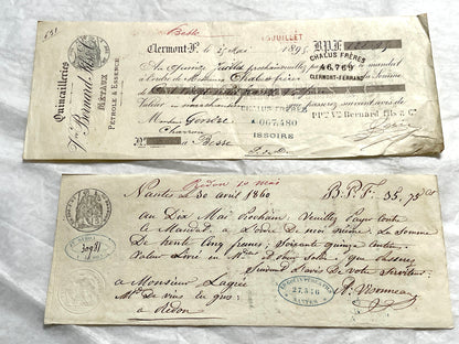 Set of 6 Late 19th Century French letters of exchange featuring elaborate calligraphy and vintage financial stamps.