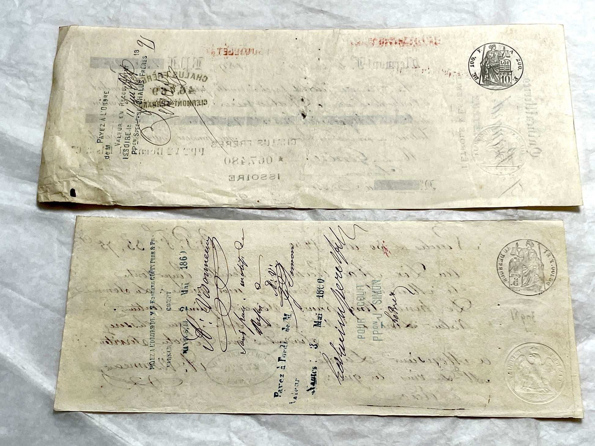Set of 6 Late 19th Century French letters of exchange featuring elaborate calligraphy and vintage financial stamps.