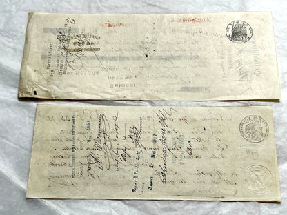 Set of 6 Late 19th Century French letters of exchange featuring elaborate calligraphy and vintage financial stamps.