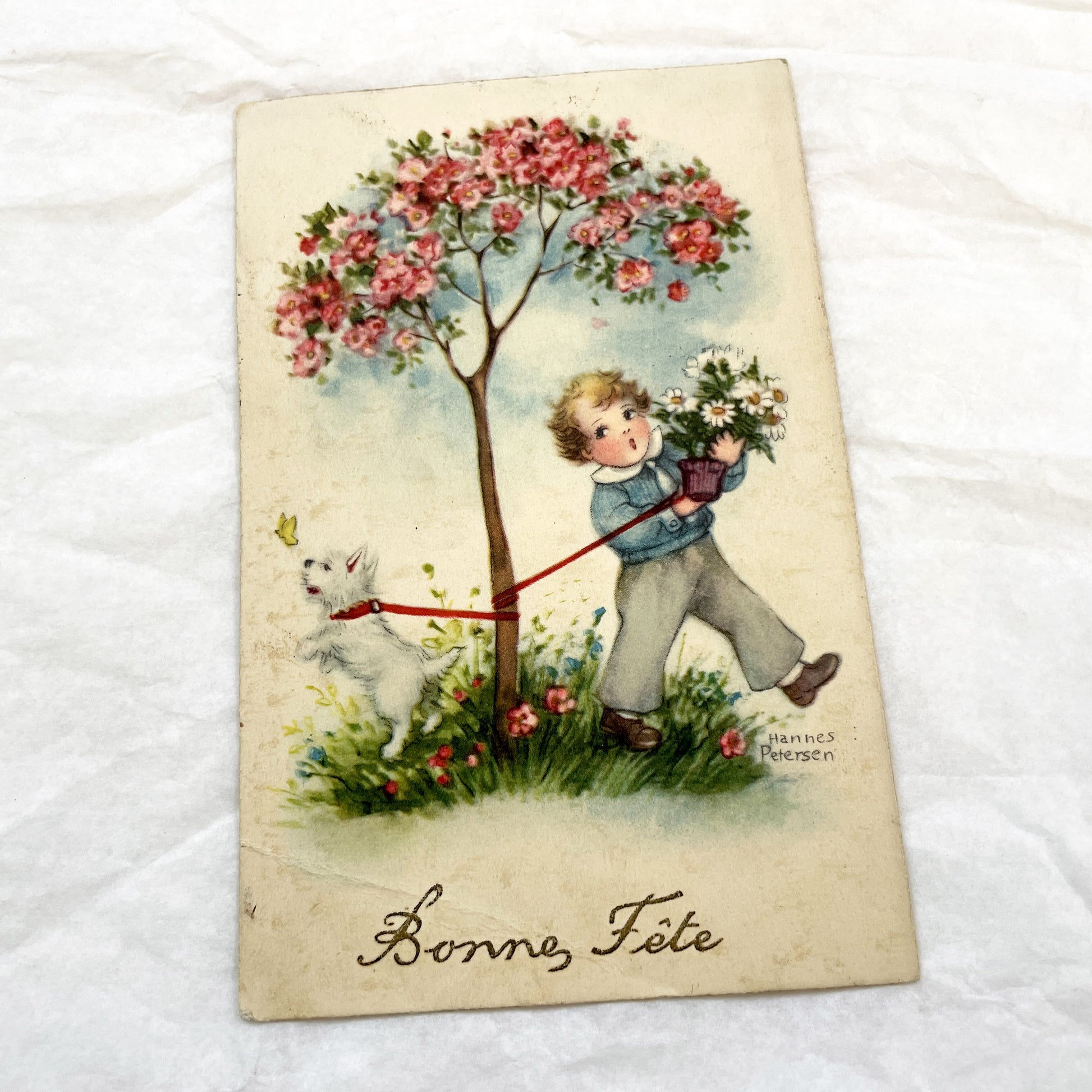 1930s - Vintage French Bonne Fete Greeting Card - Hannes Petersen Illustration - Charming Boy Dog Flowers - Rare Ephemera Art Collectible