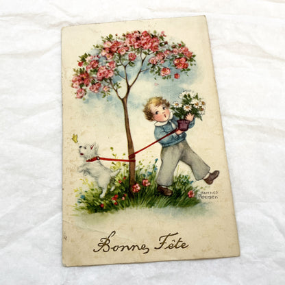 1930s - Vintage French Bonne Fete Greeting Card - Hannes Petersen Illustration - Charming Boy Dog Flowers - Rare Ephemera Art Collectible