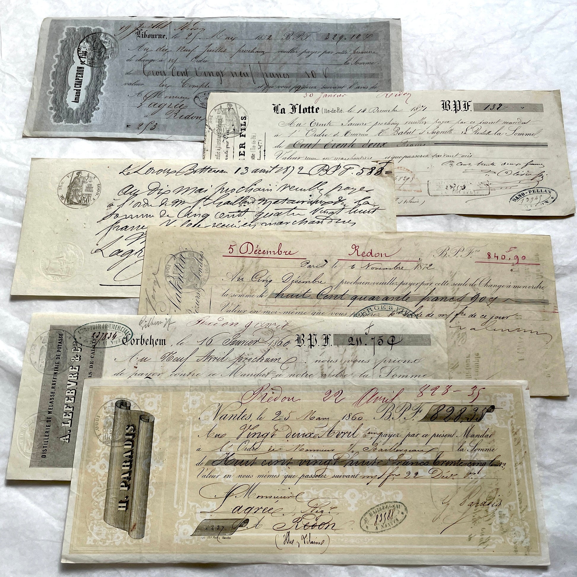 Set of 6 Mid 19th Century French exchange letters featuring handwritten script, official stamps, and financial details.