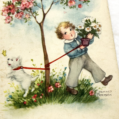 1930s - Vintage French Bonne Fete Greeting Card - Hannes Petersen Illustration - Charming Boy Dog Flowers - Rare Ephemera Art Collectible