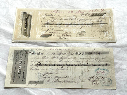 Set of 6 Mid 19th Century French exchange letters featuring handwritten script, official stamps, and financial details.