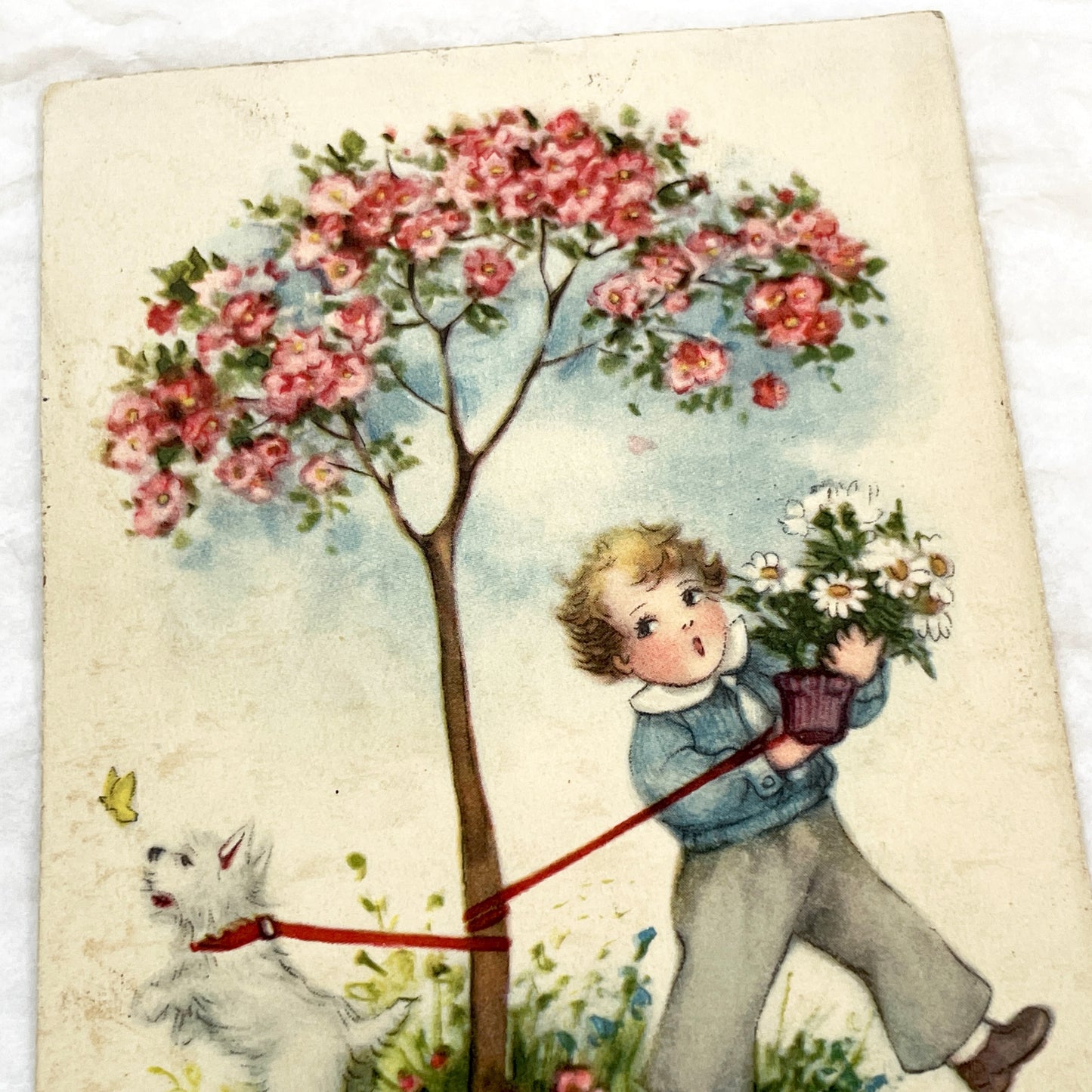 1930s - Vintage French Bonne Fete Greeting Card - Hannes Petersen Illustration - Charming Boy Dog Flowers - Rare Ephemera Art Collectible