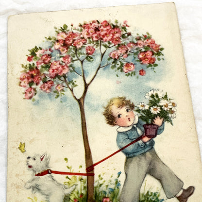 1930s - Vintage French Bonne Fete Greeting Card - Hannes Petersen Illustration - Charming Boy Dog Flowers - Rare Ephemera Art Collectible