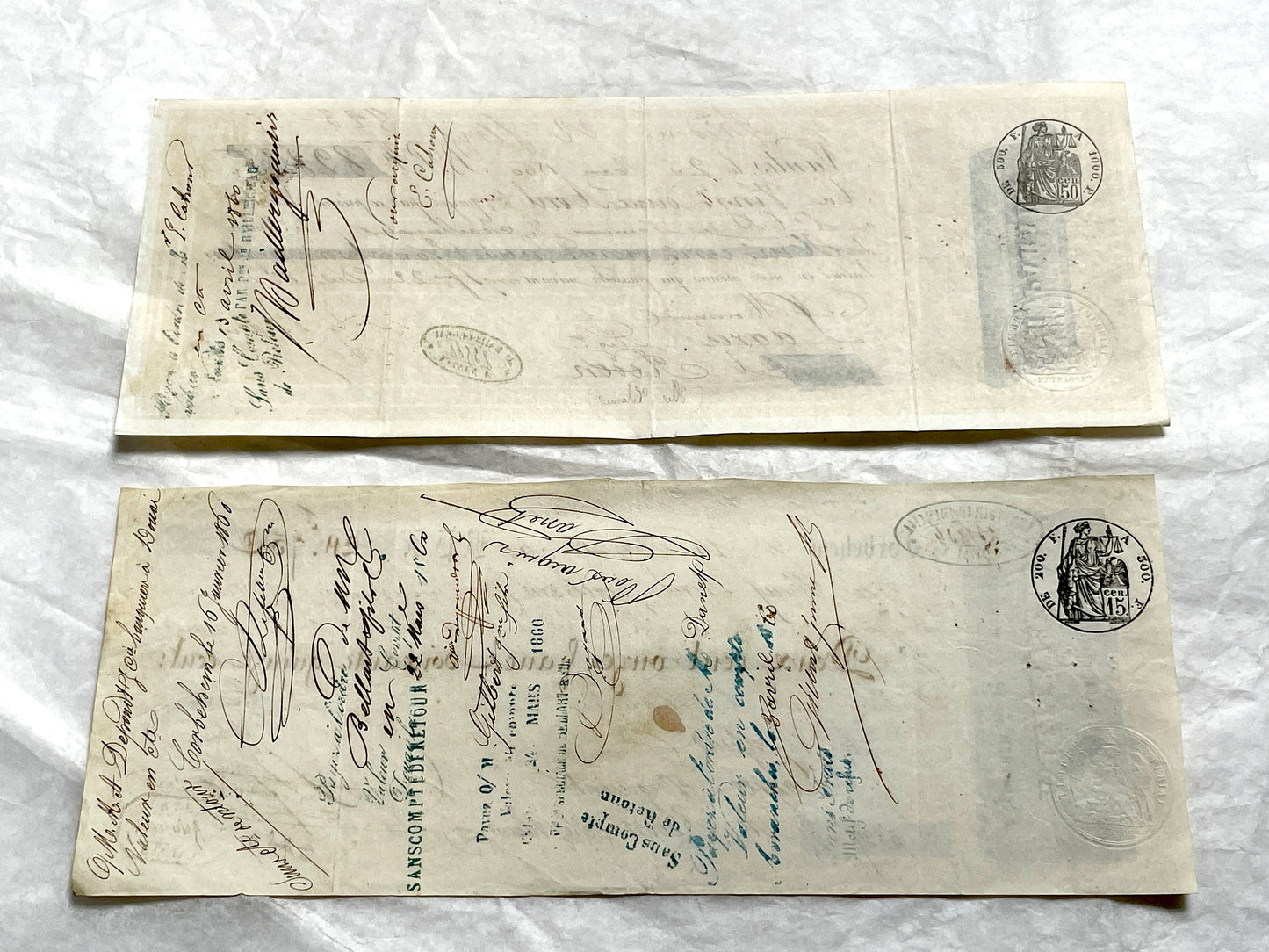 Set of 6 Mid 19th Century French exchange letters featuring handwritten script, official stamps, and financial details.