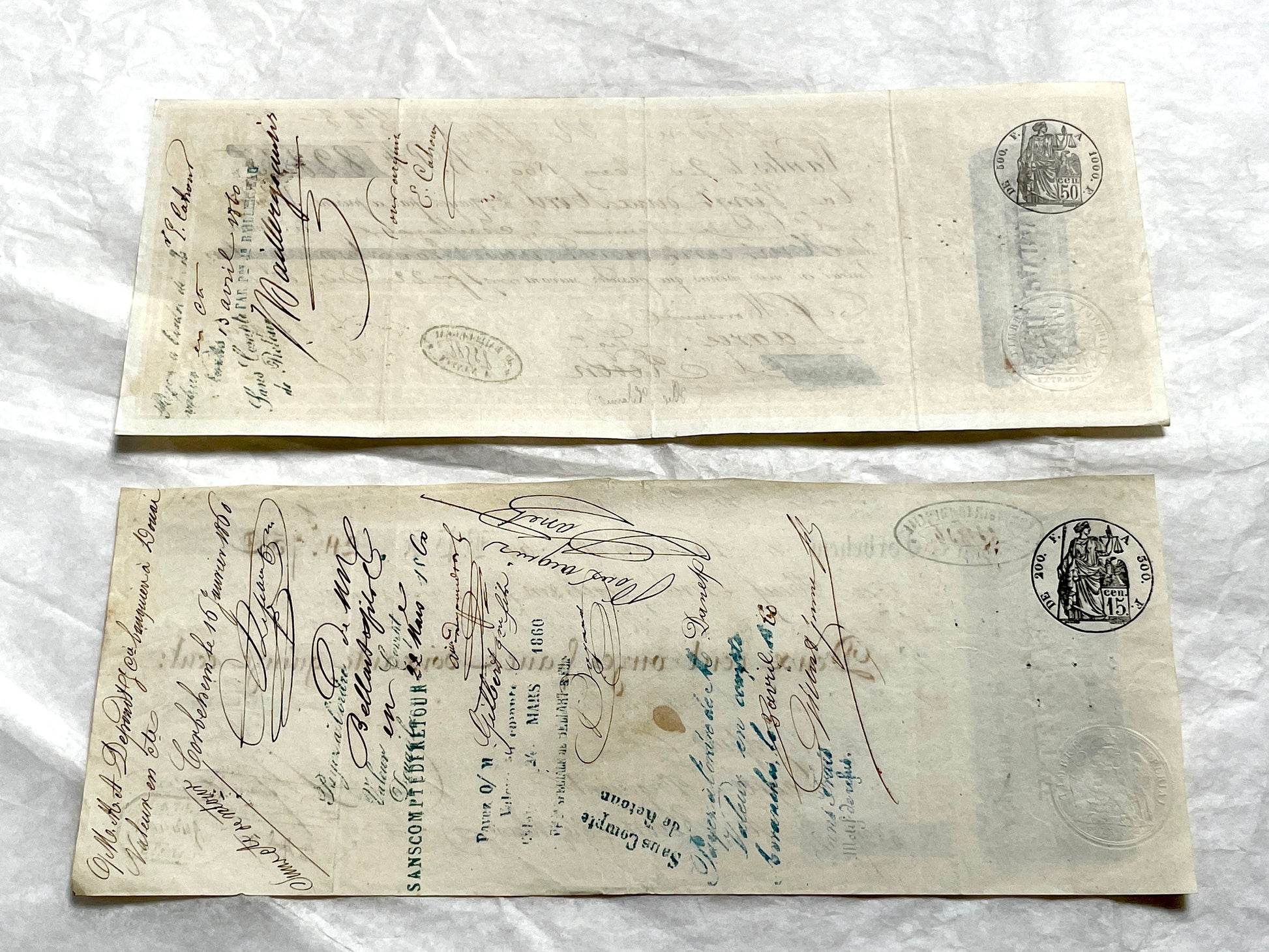 Set of 6 Mid 19th Century French exchange letters featuring handwritten script, official stamps, and financial details.