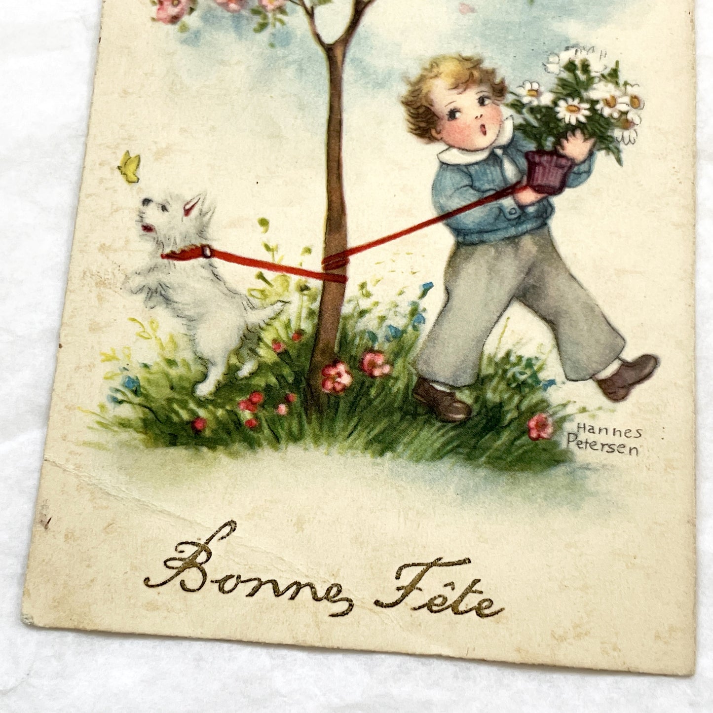1930s - Vintage French Bonne Fete Greeting Card - Hannes Petersen Illustration - Charming Boy Dog Flowers - Rare Ephemera Art Collectible