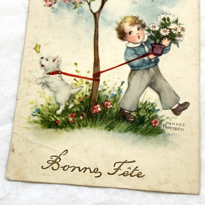 1930s - Vintage French Bonne Fete Greeting Card - Hannes Petersen Illustration - Charming Boy Dog Flowers - Rare Ephemera Art Collectible