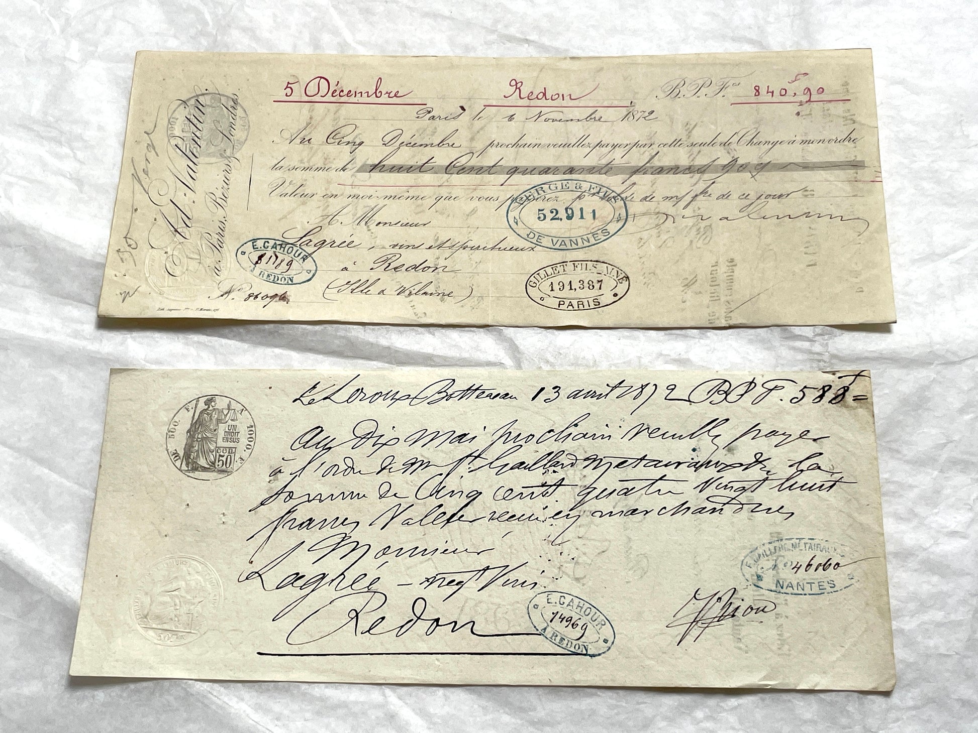 Set of 6 Mid 19th Century French exchange letters featuring handwritten script, official stamps, and financial details.