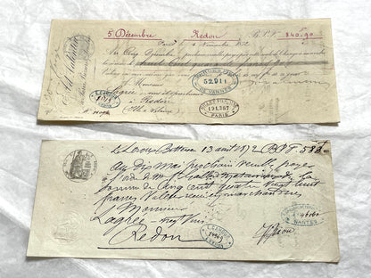 Set of 6 Mid 19th Century French exchange letters featuring handwritten script, official stamps, and financial details.