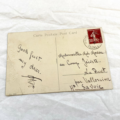 1930s - Vintage French Bonne Fete Greeting Card - Hannes Petersen Illustration - Charming Boy Dog Flowers - Rare Ephemera Art Collectible