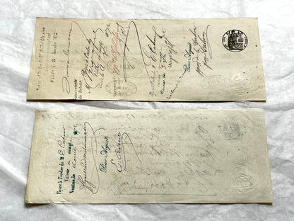 Set of 6 Mid 19th Century French exchange letters featuring handwritten script, official stamps, and financial details.