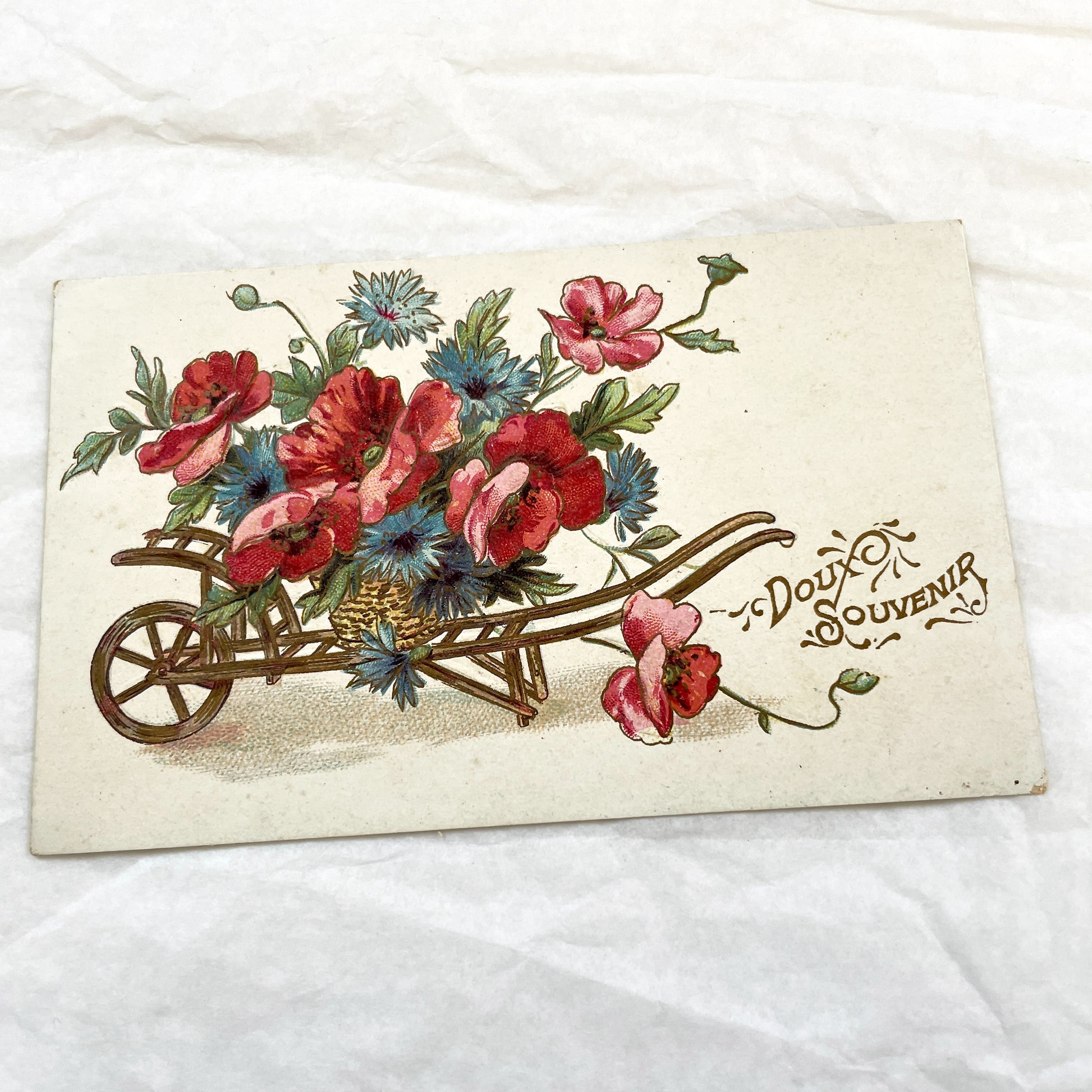 1900s - Vintage French Wheelbarrow Postcard - Doux Souvenir Antique Floral Illustration - Poppies Cornflowers Ephemera Art
