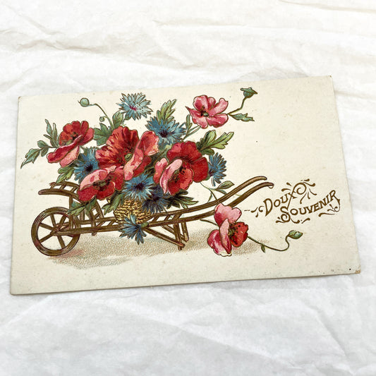1900s - Vintage French Wheelbarrow Postcard - Doux Souvenir Antique Floral Illustration - Poppies Cornflowers Ephemera Art
