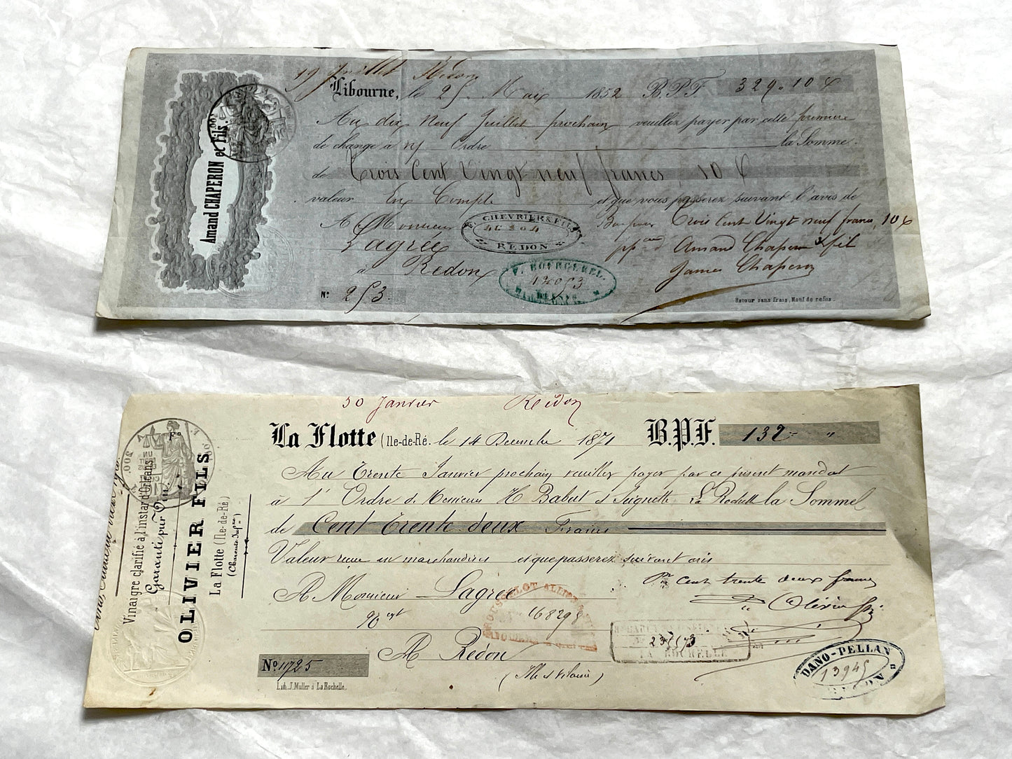 Set of 6 Mid 19th Century French exchange letters featuring handwritten script, official stamps, and financial details.