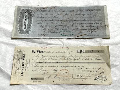 Set of 6 Mid 19th Century French exchange letters featuring handwritten script, official stamps, and financial details.