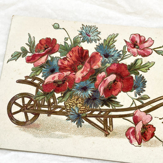 1900s - Vintage French Wheelbarrow Postcard - Doux Souvenir Antique Floral Illustration - Poppies Cornflowers Ephemera Art