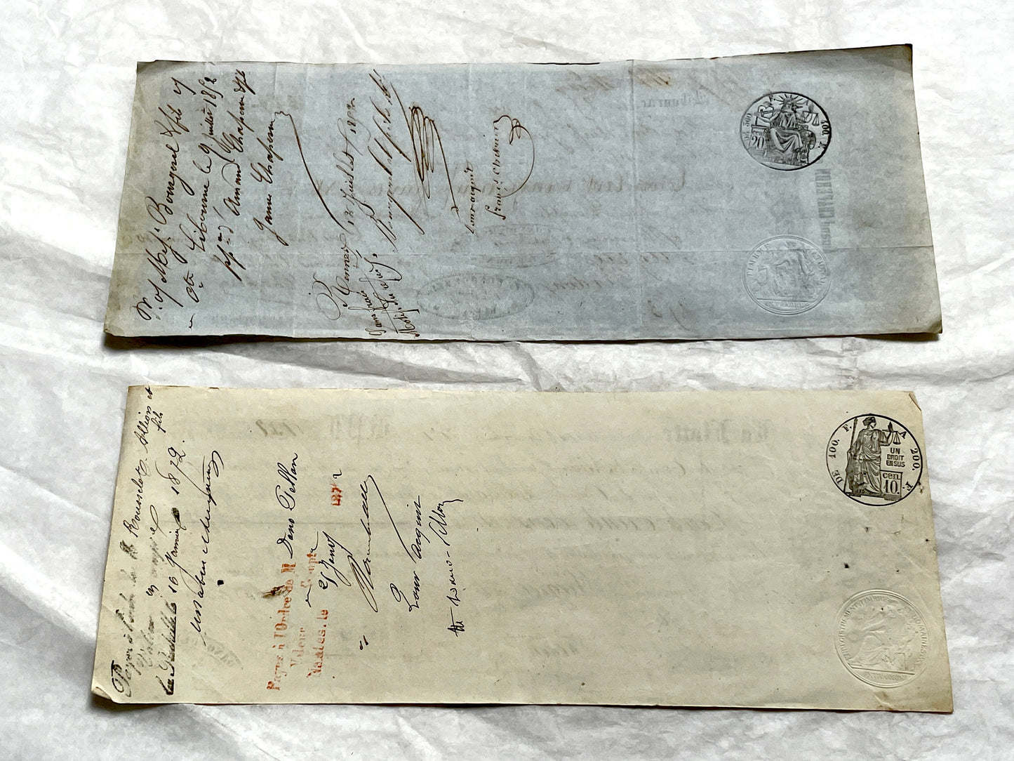 Set of 6 Mid 19th Century French exchange letters featuring handwritten script, official stamps, and financial details.