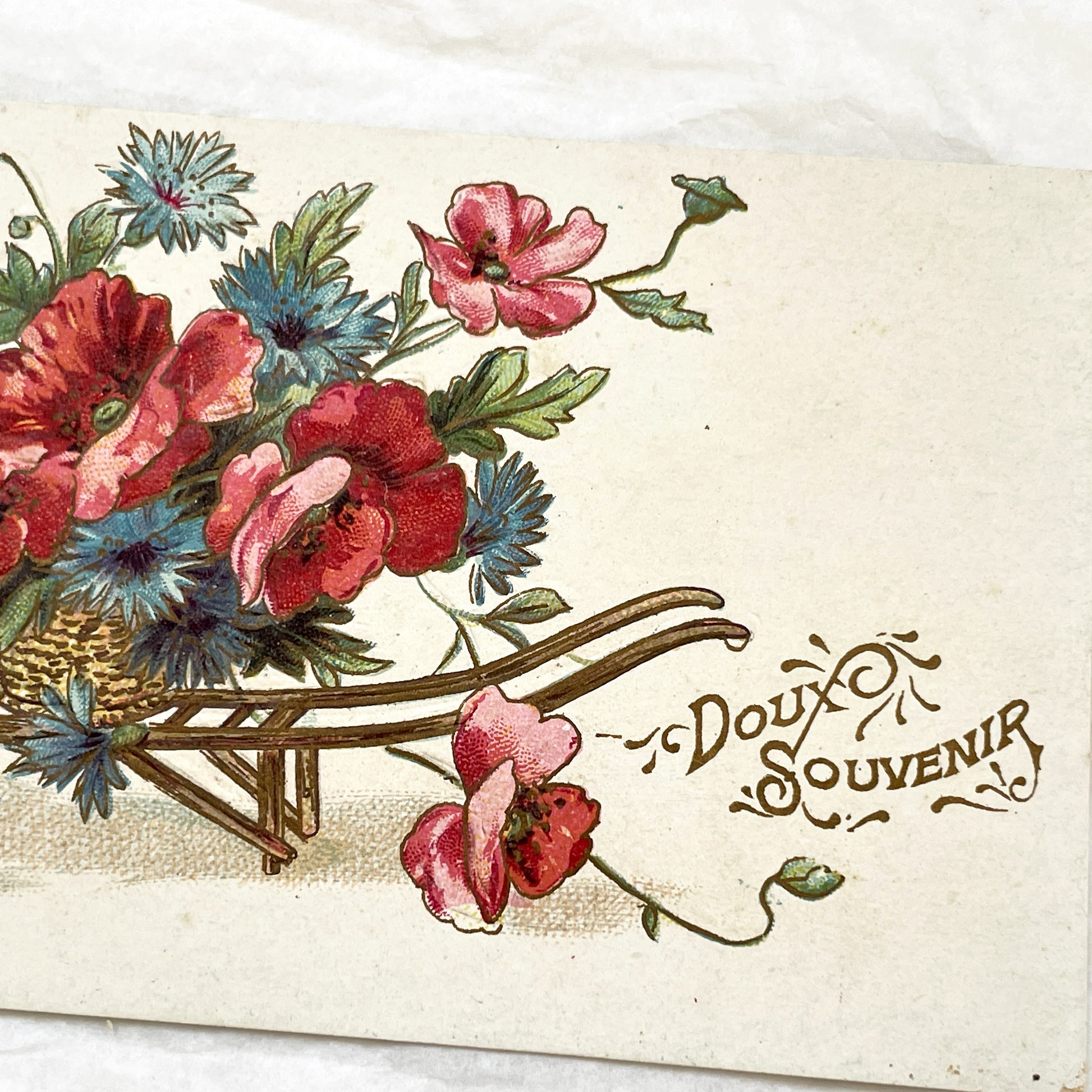 1900s - Vintage French Wheelbarrow Postcard - Doux Souvenir Antique Floral Illustration - Poppies Cornflowers Ephemera Art