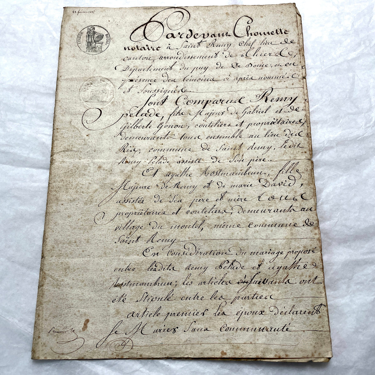 Mid 19th Century French Notarial Act from 1845, a handwritten marriage contract with elegant script and royal stamp.