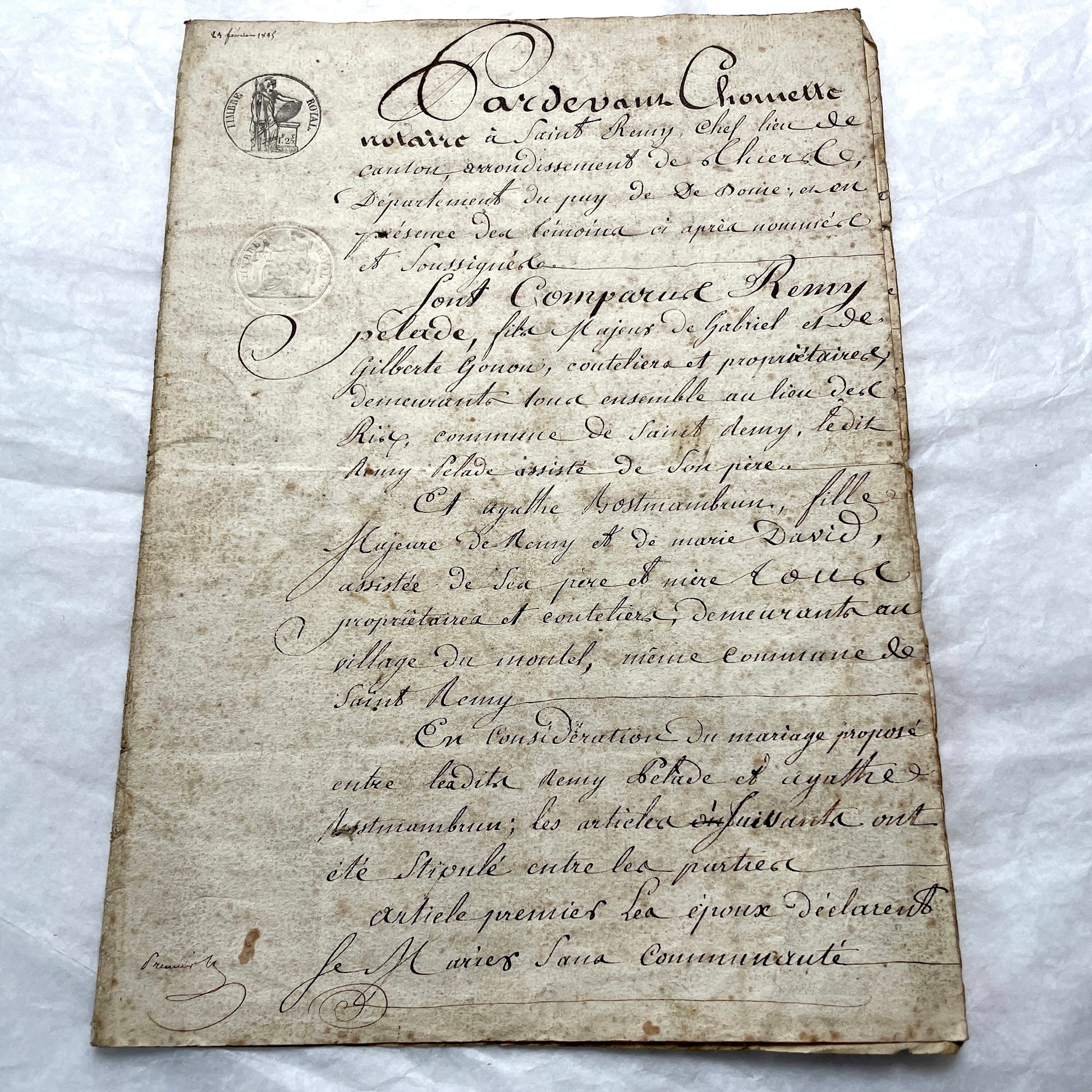 Mid 19th Century French Notarial Act from 1845, a handwritten marriage contract with elegant script and royal stamp.