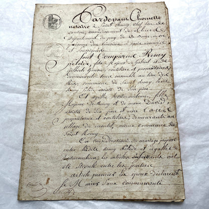 Mid 19th Century French Notarial Act from 1845, a handwritten marriage contract with elegant script and royal stamp.