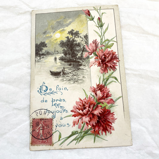 1900s - Vintage French Postcard - Moonlit River Landscape - Sentimental Carnation Flowers - Antique French Ephemera - Collectible Card Art