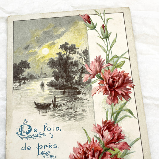 1900s - Vintage French Postcard - Moonlit River Landscape - Sentimental Carnation Flowers - Antique French Ephemera - Collectible Card Art