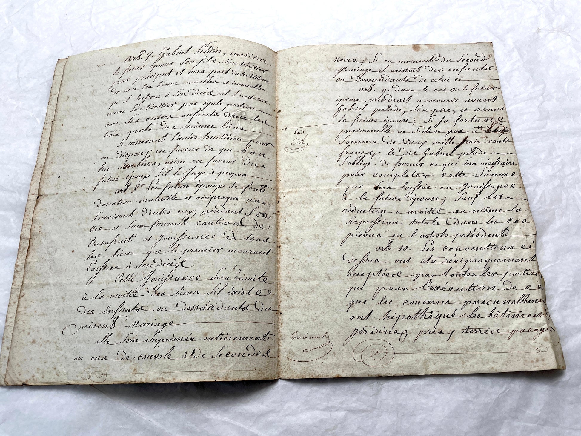Mid 19th Century French Notarial Act from 1845, a handwritten marriage contract with elegant script and royal stamp.