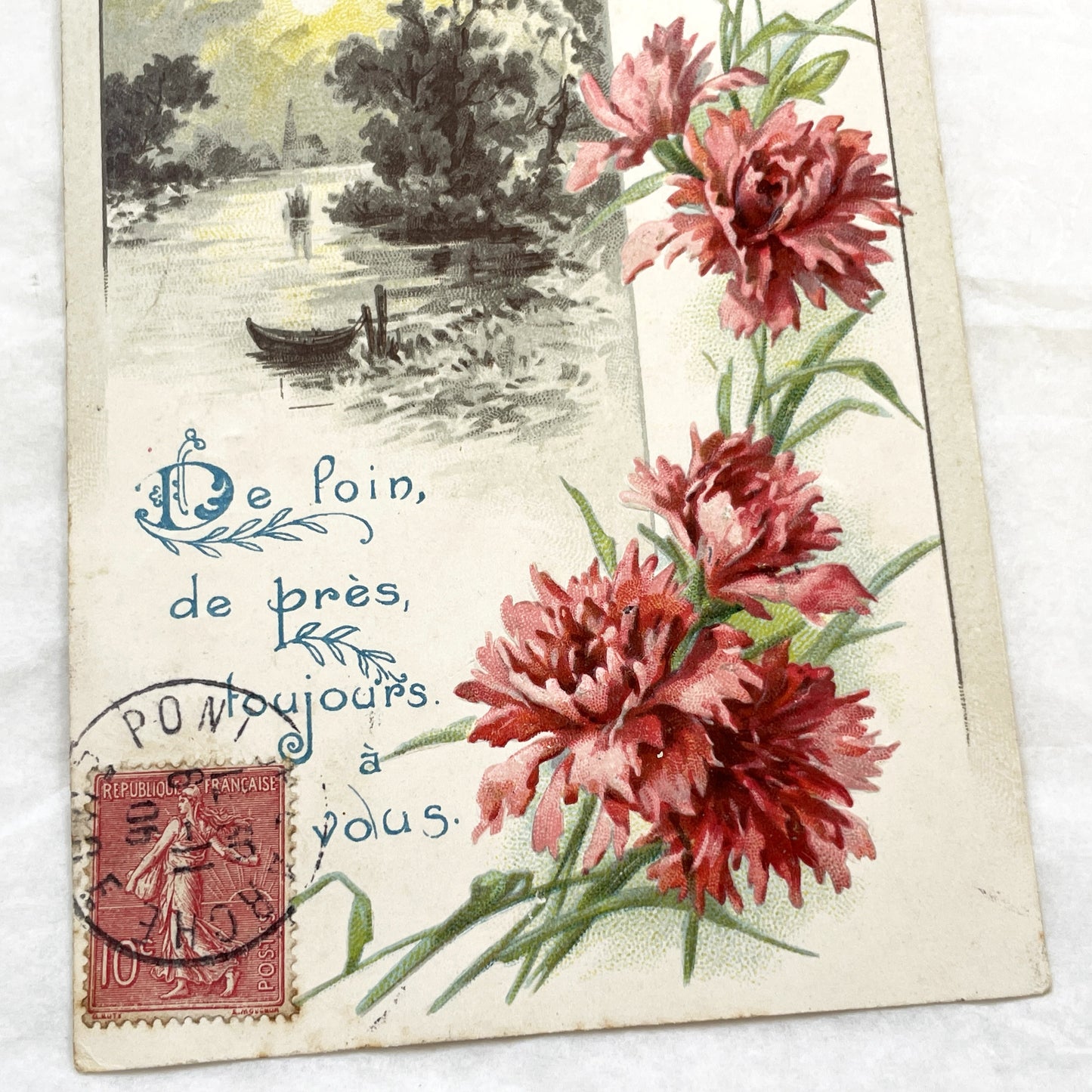 1900s - Vintage French Postcard - Moonlit River Landscape - Sentimental Carnation Flowers - Antique French Ephemera - Collectible Card Art