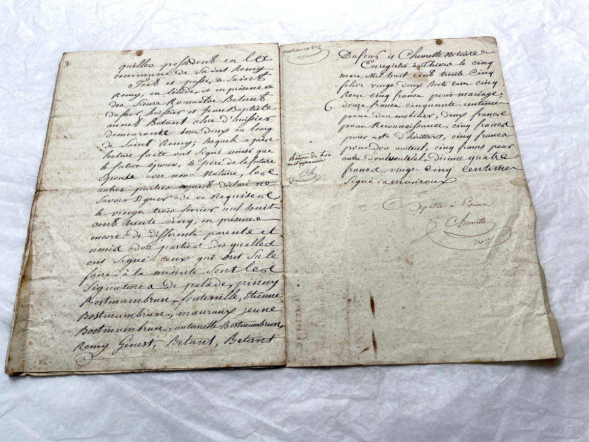 Mid 19th Century French Notarial Act from 1845, a handwritten marriage contract with elegant script and royal stamp.